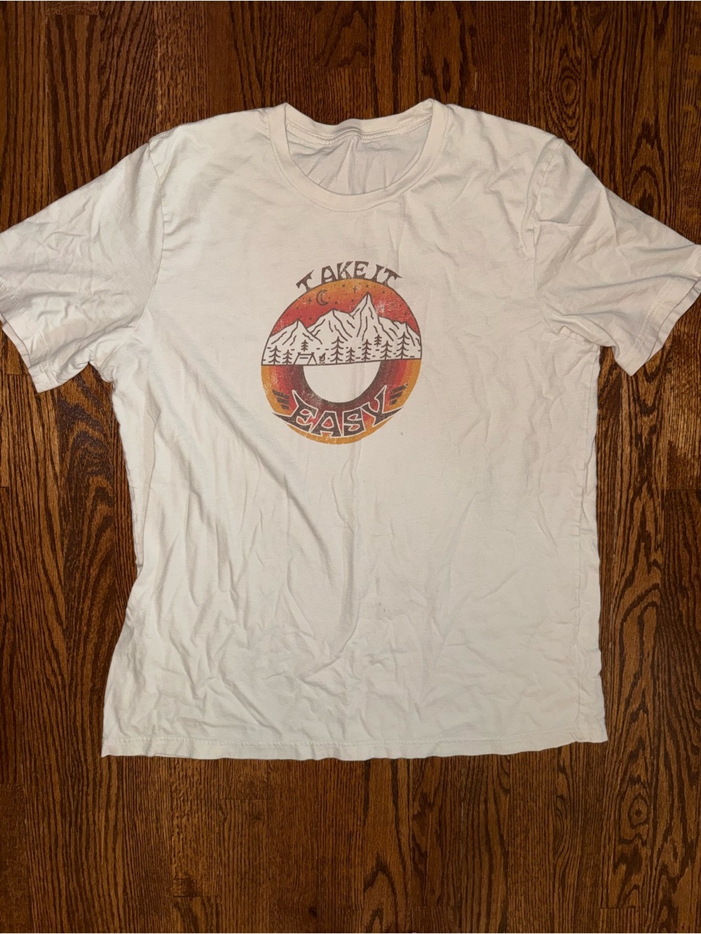 Men's White Graphic Tee - 'Take It Easy' Mountain Emblem